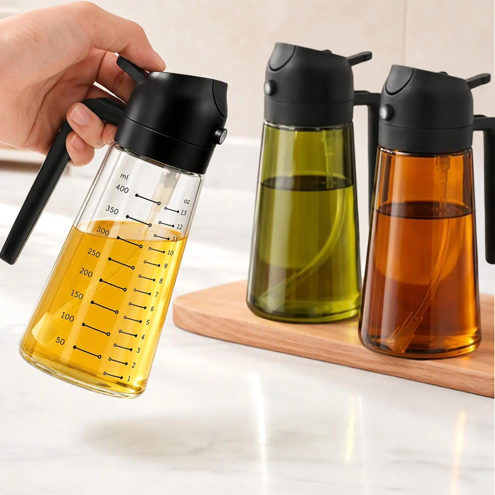 2-Pack Modern Glass Spout Oil Dispenser Set, 2-in-1 Kitchenware with Sprayer, 470ml Capacity, 50-400ml Precise Scale, Leak-Proof Auto Nozzle for Cooking, Baking, Glass Spout Oil Dispensers