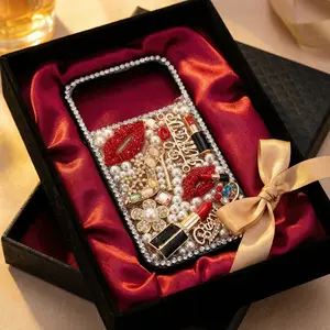 Luxury Makeup Bling Phone Case for iPhone 17 Pro Max Crystal Pearl Beauty Edition with Sparkling Rhinestones and Elegant Lipstick Details tiktokshopspringglowup