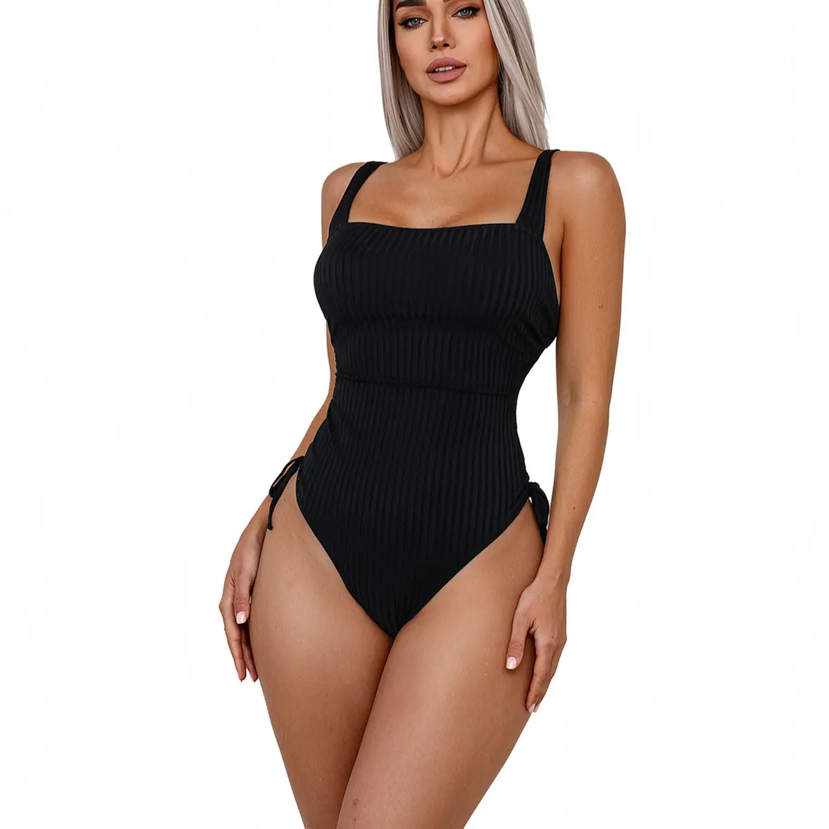 Ribbed Square Neck One Piece Swimsuit For Women, Adjustable Side Tie High Cut Bathing Suit Slimming Black Swimwear
