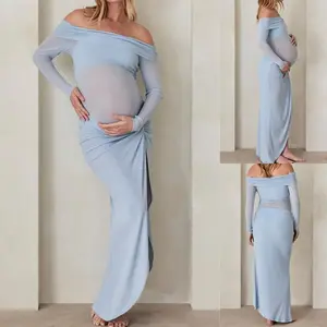 Women's Bodycon Maternity Dress, Off Shoulder Long Sleeve Solid Color Mesh Pregnancy Dress, High Split Dress, Ladies Dress for Indoor Outdoor Wear, Ladies Clothes for Daily Wear