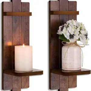 Wooden Wall-Mounted Candle Holder Set, Rustic Decorative Candle Stand, Living Room Wall Decoration, 2-Piece Set, Vintage Candle Stand, Home Decor