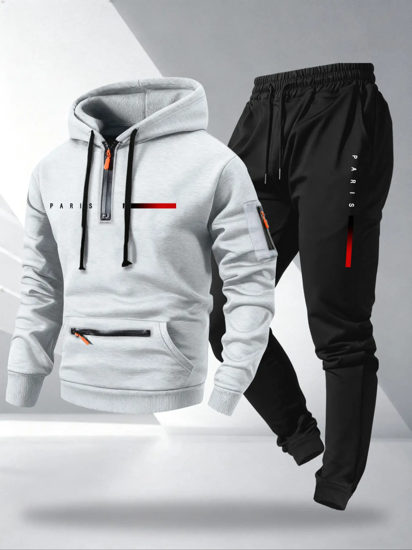Men's Fall Winter Hoodie Set, Flag Pattern Letter Design, Casual Loose Fit, Long Pants, Pocket Arm Zipper, Sports Fitness Fashion, Sweatsuit With Pockets