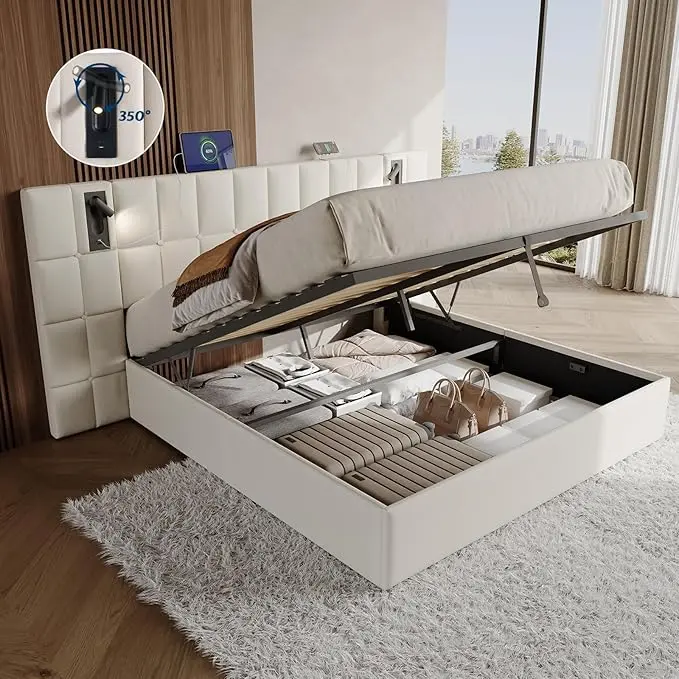 Amerlife King Size Velvet Upholstered Bed Frame - Adjustable Widened Headboard, Lift-Up Underneath Storage, Built-In Reading Light, Easy Setup, No Box Spring Needed, Bed with Storage Underneath, King Size Bed Frame