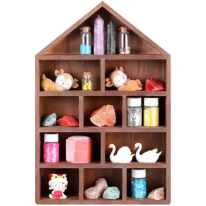 House Shaped Wooden Shadow Cubby Box 10 W x 2 1/4 D x 15 H Hanging Display Shelf Organizer Wall Mounted Curio Cabinet Wooden Display Case Miniature Shelf for Figures(Brown)