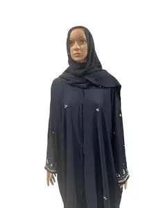 Bahraini Open Abaya with Handmade Stone Embellishments for Elegance and Style in Rich Navy Blue Abaya