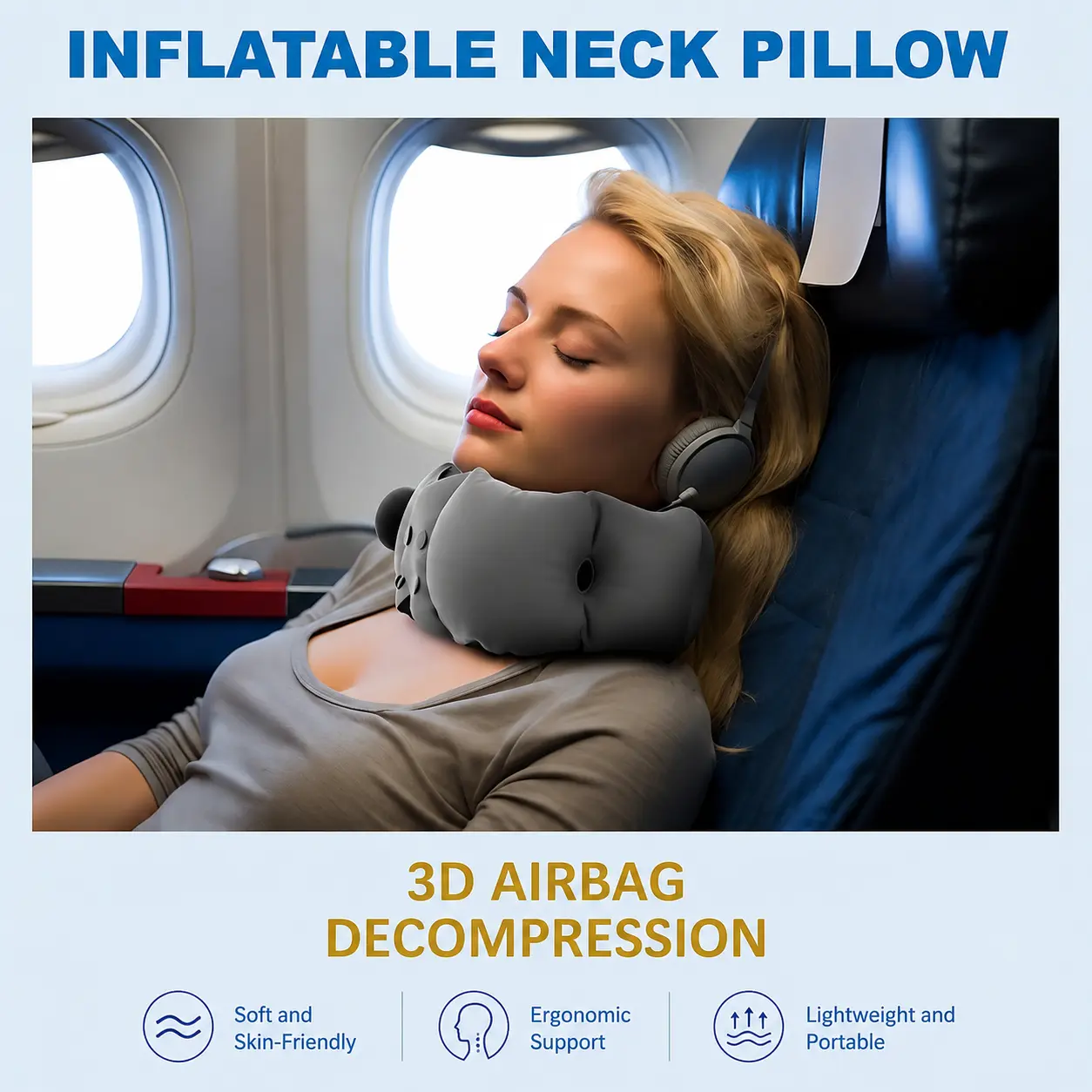 Inflatable travel neck pillow with 3D airbag ergonomic neck support, press-to-inflate U-shaped sleep pillow, lightweight and portable, suitable for travel by airplane or car.