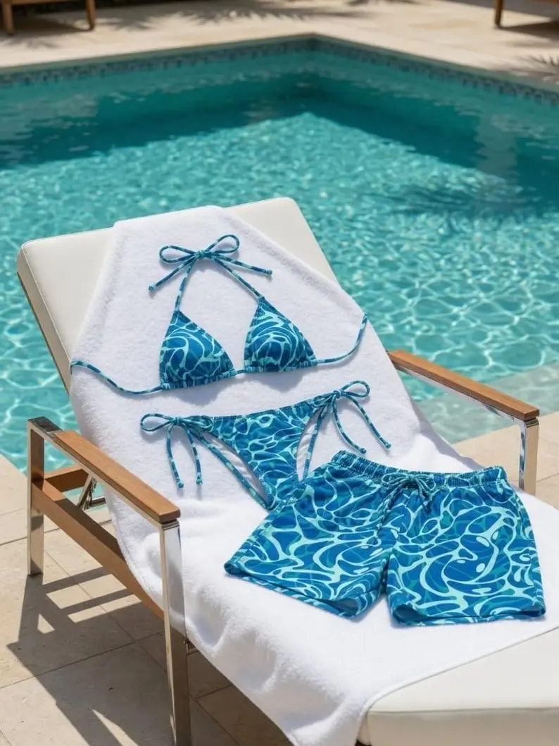 Blue Abstract Wave Matching Swimwear Set – Triangle Bikini & Board Shorts, Couple Tropical Beach Vacation Outfit, Ocean Blue Swim Set