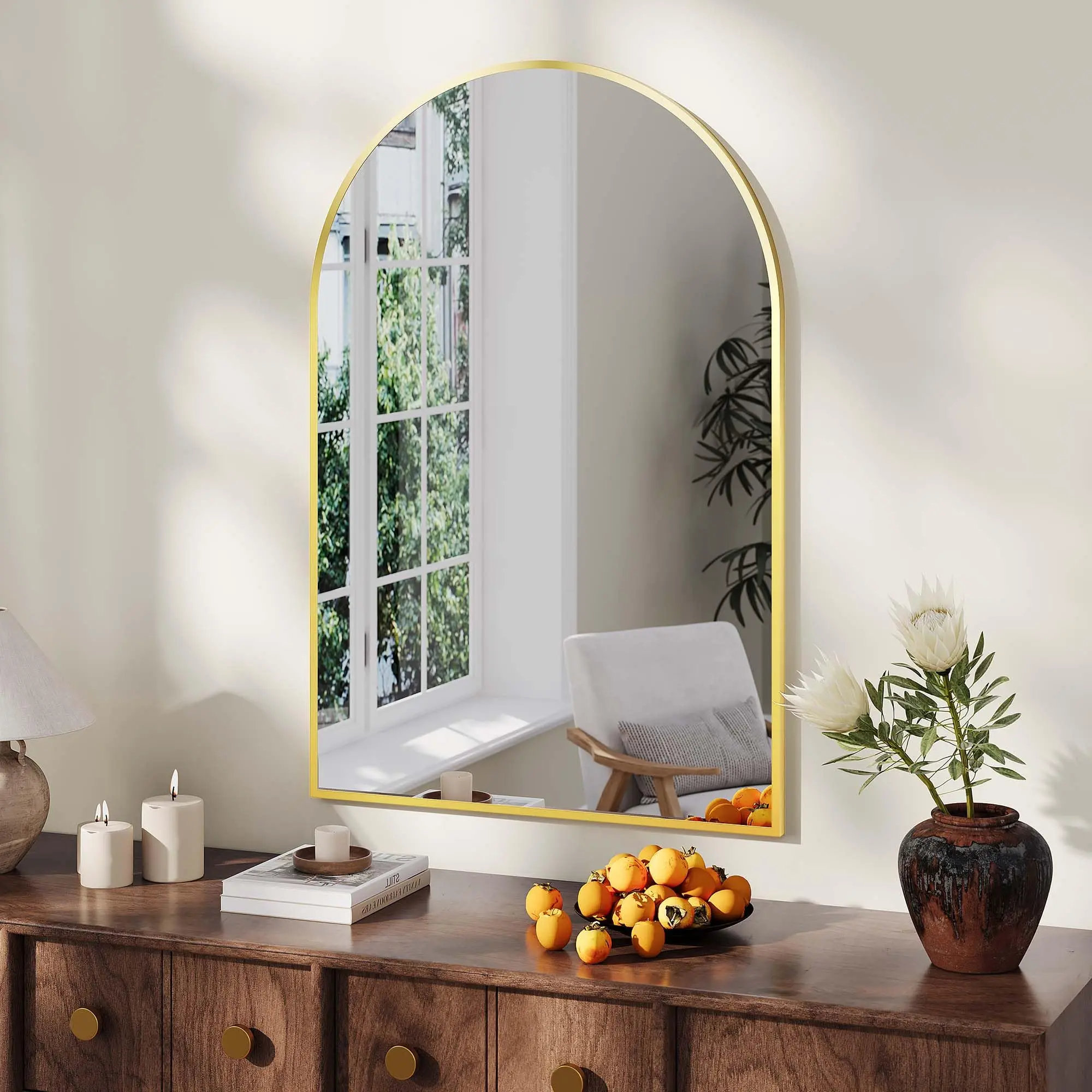 26"x38" Arched Bathroom Mirror, Wraparound Hanging Mirror, Modern Wall Mounted Metal Frame Mirror for Entryway, Vanity, Living Room, Rust Resistant, Tempered Glass, Vertical Hanging, Gold