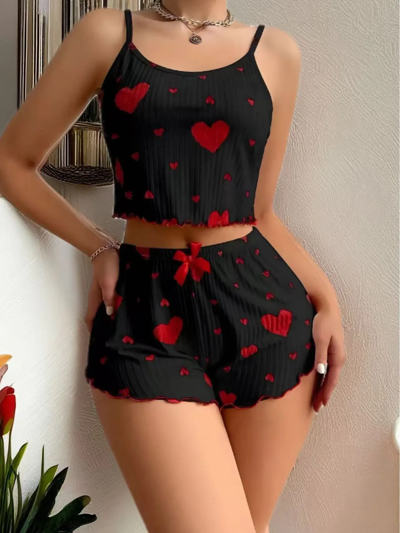 Women's Summer 2-Piece Heart-Printed Strap Shorts Pajama Set - Breathable, Soft Loungewear & Nightwear for Home Use, XL Size Available