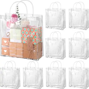 Large Transparent Gift Bags, 12 Pack (25x25x9 Cm), Reusable Plastic Handheld Pouches, Gift Packaging, Ideal for Weddings, Christmas & Halloween Parties