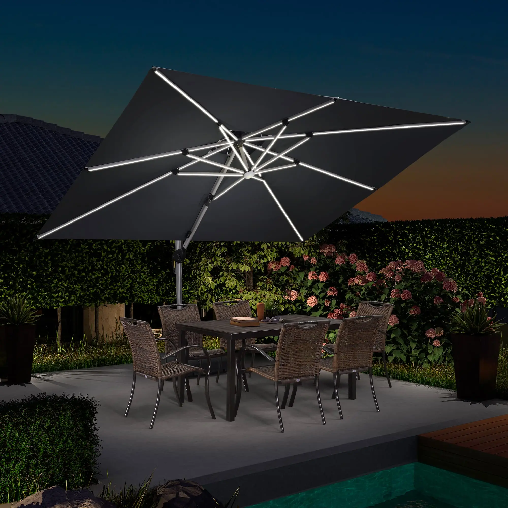 PURPLE LEAF 9x12 ft Rectangular Stable Aluminium Cantilever Outdoor Patio Umbrella with Solar-Powered LED Light, Polyester Canopy, Solar Panels, UV50 Plus, Zybase-5 Frame, Sturdy