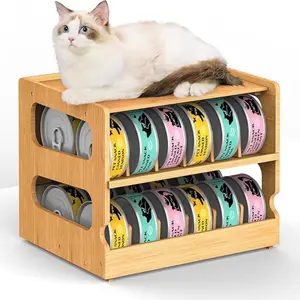 Bamboo Pantry Organizer - 2 Tier Stackable Can Storage Rack for 36 Human and Pet Food Cans (FIFO) Kitchen