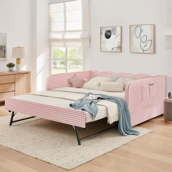 Bellemave Full-Size Gingham Upholstered 3-in-1 Convertible Sleeper Sofa Bed - 2-Seater Double Seat Sofas & Couches, Pull-Out Trundle, Extendable Folding Sofas & Couches, Side Storage Pockets, Indoor Use, Ideal for Small Spaces