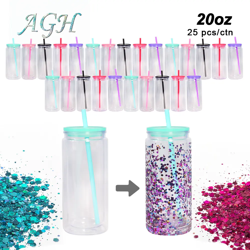 AGH 15/25pcs Acrylic Double Wall Cups Snow Globe Plastic Tumblers Can with Color Lid & Straw for DIY Sticker Gift Water Bottles Drinkware Halloween