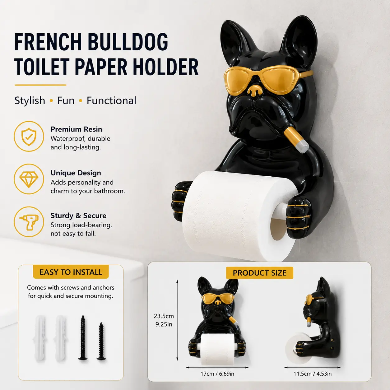 Wall-Mount No-Drill Cute Creative Bulldog Toilet Paper Holder, Bathroom & Kitchen Tissue Roll Dispenser for Home Bathroom Supplies