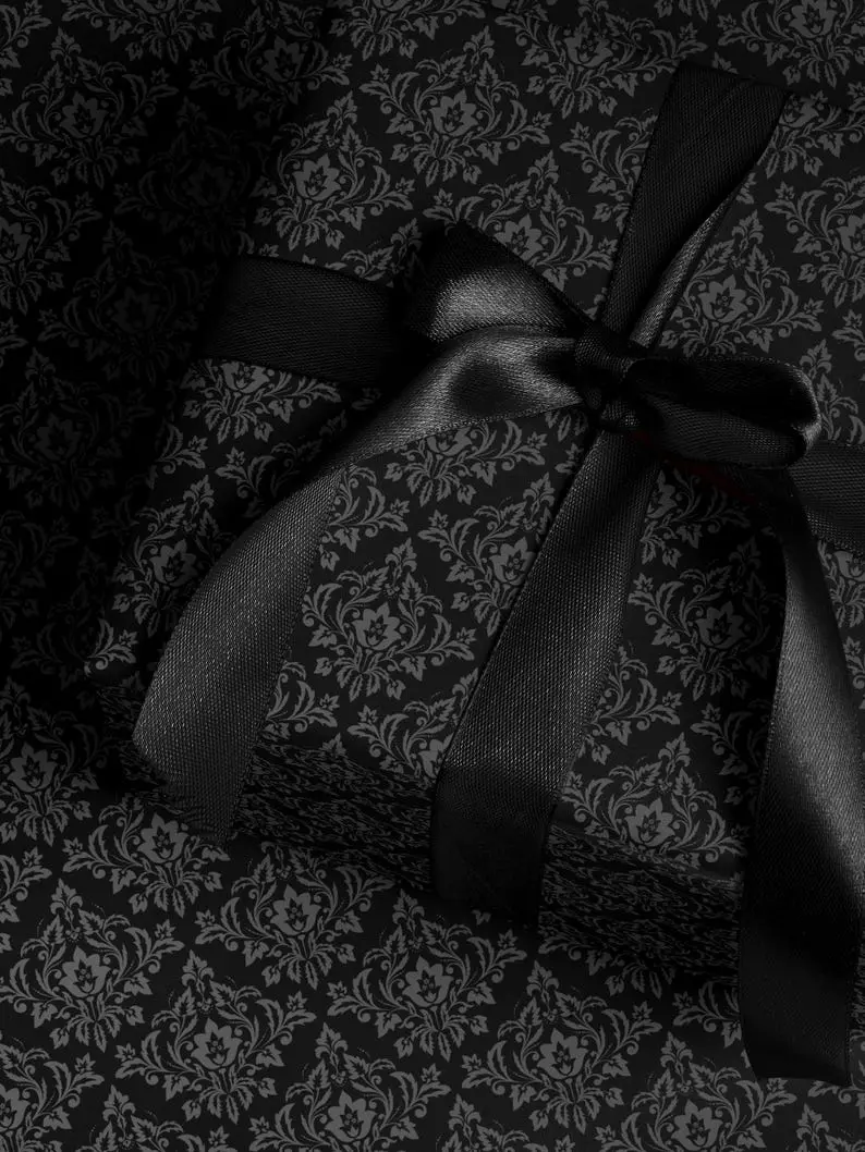 [Wrapping Paper] Black Damask Gothic Wrapping Paper Victorian Dark Floral Gift Wrap Moody Present Paper
