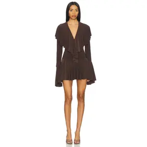 Norma Kamali x REVOLVE Long Sleeve Deep V Ruffle Mini Dress in Chocolate