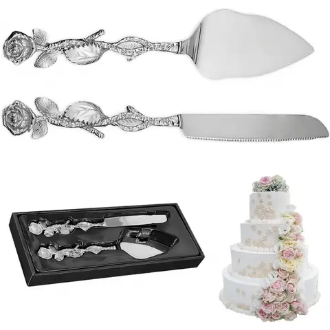 Vintage Rose Handle 2-Piece Silver Cake Cutting Utensils Set - Zinc Alloy, Rust-Resistant Knife & Server for Dessert, Birthday, Adult Party Events