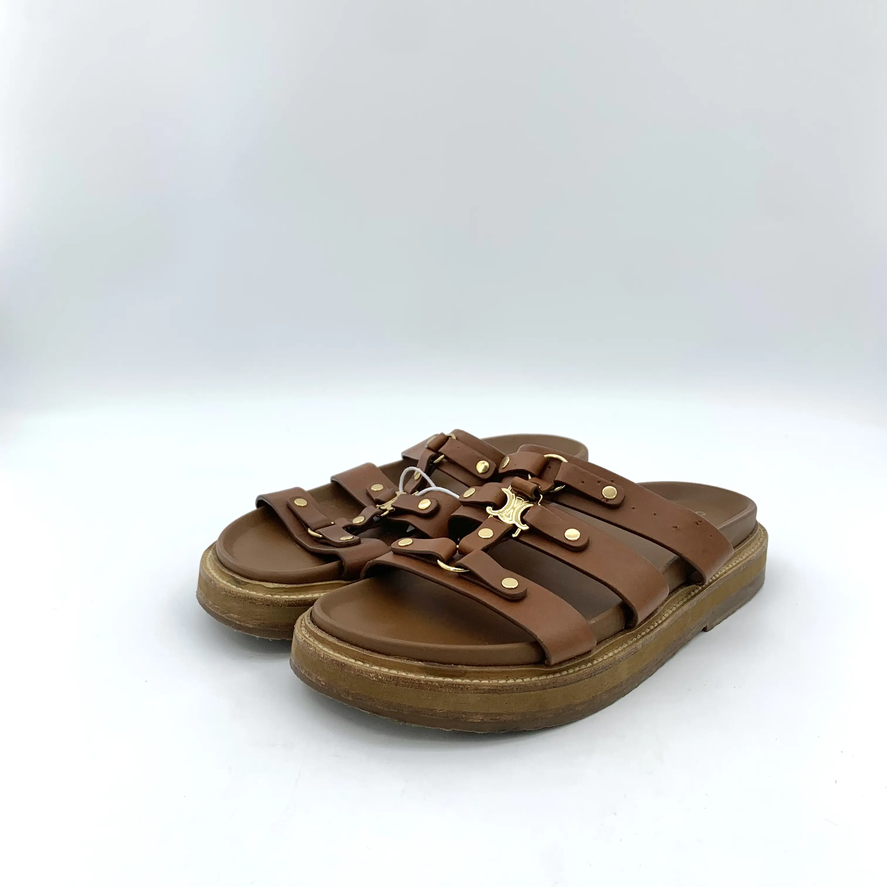 RDLTS— Celine Dark Brown Triomphe Buckle Slide Sandals Size US 8.5