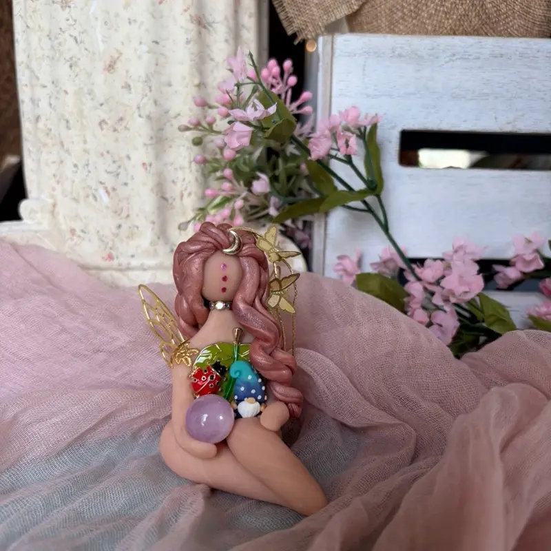 Handmade Polymer Clay Goddess Figurine with Kunzite, Decorative Natural Crystal Table Ornament, Desk Ornaments for Room Decor to Boost Creativity