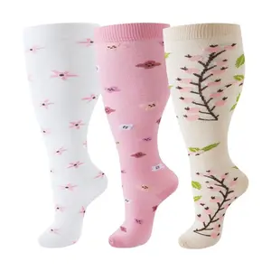 MhzyCaus Plus Size Over-the-Knee Socks for Women 3-Pack | Nylon Blend, Breathable & Lightweight | Moisture Wicking Long Knee-High Socks with Floral Pattern for Daily Wear & Parties compression wide calf