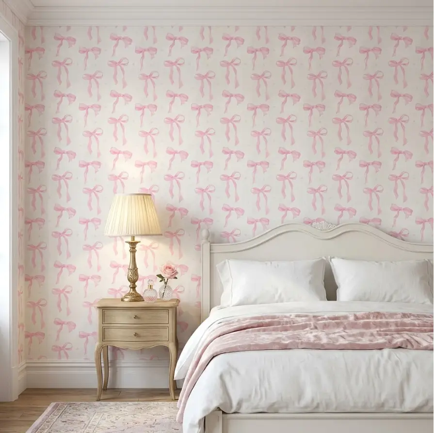 Pink Bow Peel and Stick Wallpaper Roll 44.5cm –Watercolor Ribbon Pattern Contact Paper for Dorm Room & Home Decor