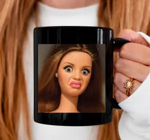 [Sale up to 30%] + [FREE SHIP] Funny Doll Face Black Mug, Disgusted Barbie Meme Coffee Cup, Sarcastic Reaction Gift, Weird Humor Tea Cup, Unhinged Meme Mug