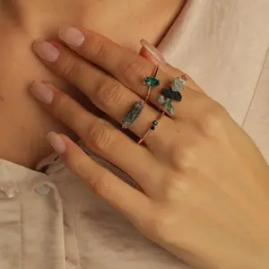 Boho Style Stackable Crystal Ring Set, Green Quartz Stone Rings Set