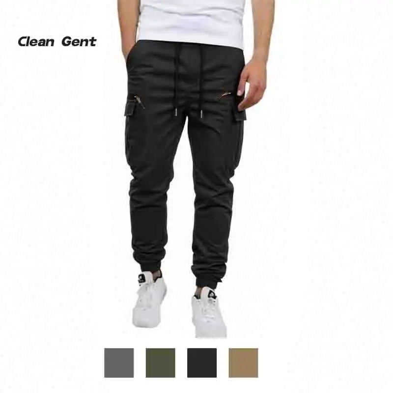 Clean Gent 1-pack men’s casual comfortable long pants—fashionable and relaxed fit with an elastic waistband, multiple pockets, a loose cut, solid color, and drawstring workwear design; casual street-style long pants.