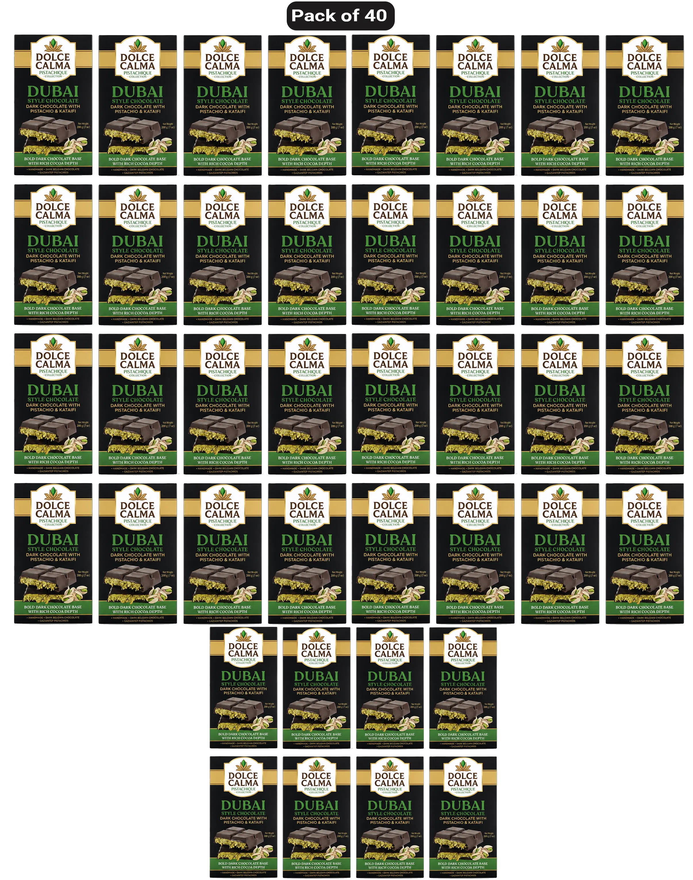 Dolce Calma Dark Dubai Chocolate Bar Ships With Two Ice Gel Packs (100g / 3.5oz) – Authentic Handmade Belgian Chocolate with Turkish Pistachio & Crispy Kataifi, Kunafa Filling, No Palm Oil, Pack of 40
