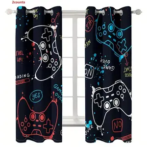 Game Controller Pattern Curtain, 2 Counts/set Gaming Console Print Window Treatments, Window Drapes for Home Living Room Bedroom Game Room Decor, Home Decoration Curtain