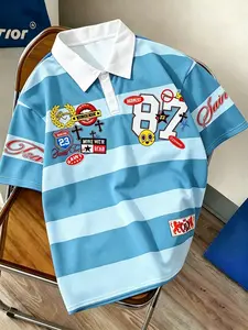 Streetwear Casual Men's Striped Polo Shirt, Unique Letter Number Pattern, Ideal for School, Outing, Gift for Friends, Fitted Design