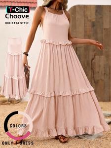 women's plain ruffle trim tiered layer dress, casual sleeveless maxi dress for summer beach holiday vacation, ladies clothes for all seasons, womenswear, asymmetrical ruffle dress