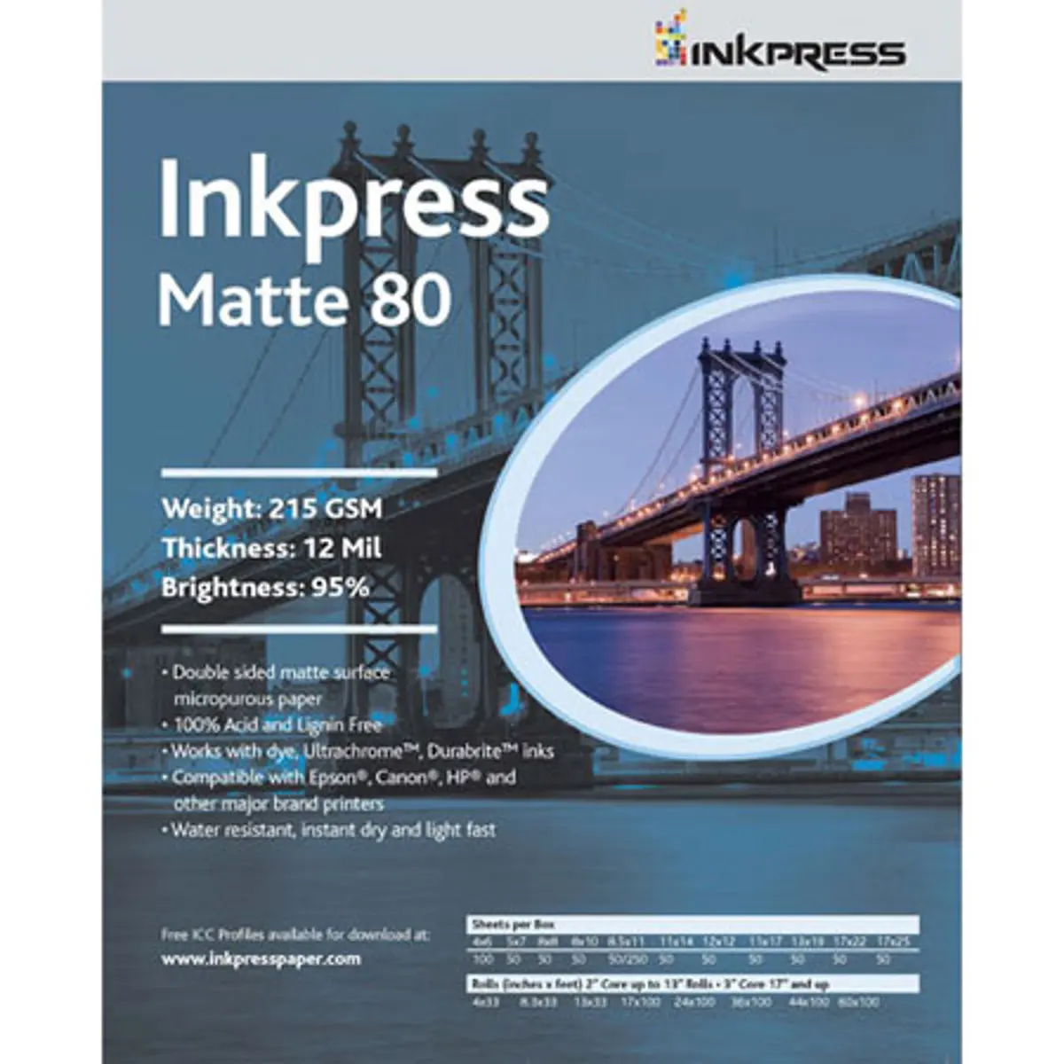 Inkpress Duo Matte 80 Inkjet Paper, 215 gsm Weight, 12 mil Thickness, 95% Brightness, Double Sided, 8x8", 50 Sheets