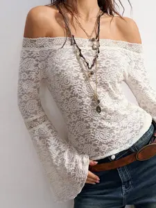 JADEE Boho Vintage Casual Solid Color Knit Lace Off Shoulder Flare Sleeve Fitted Women Top