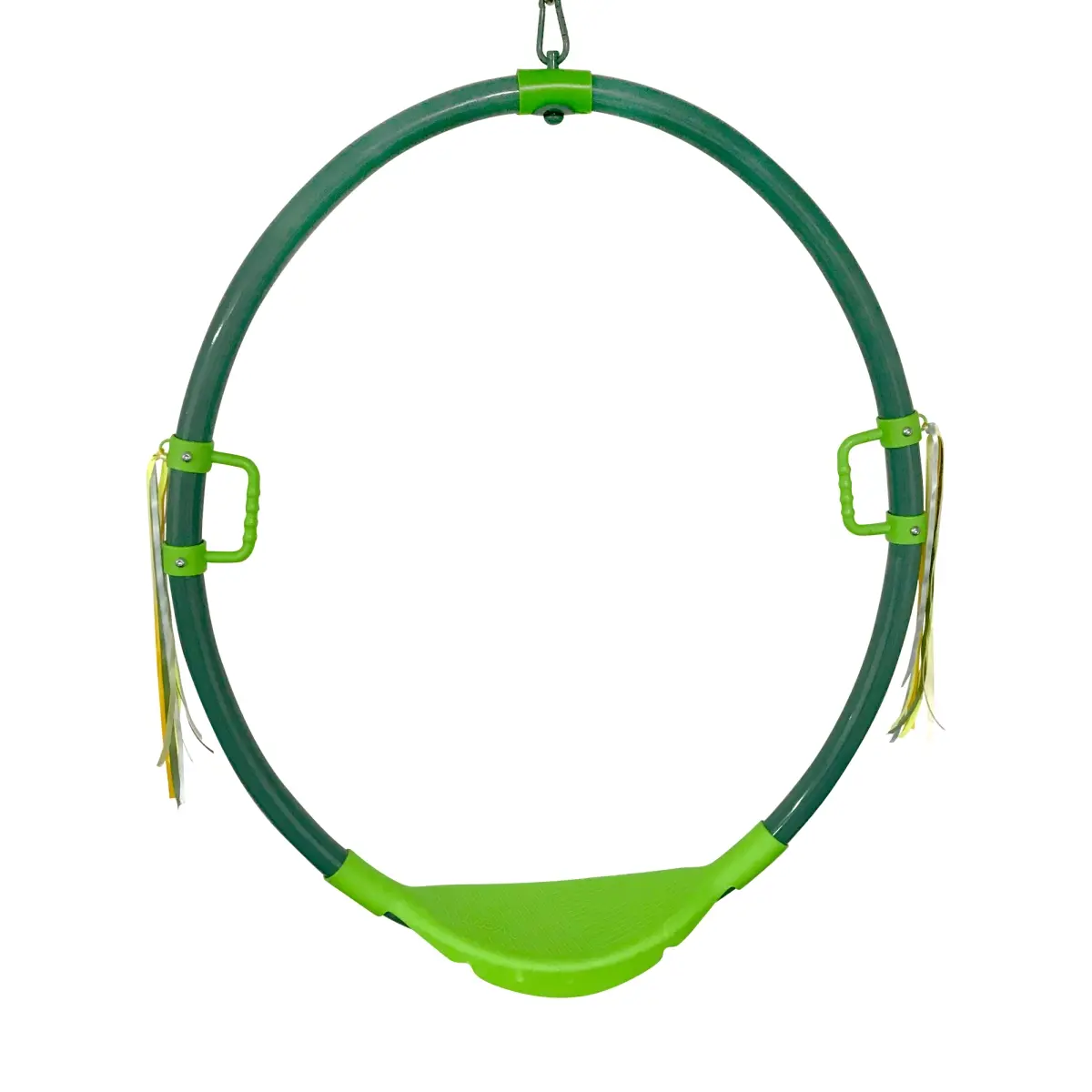 212 MAIN Hoopla Ring Swing for Ages 5+, Heavy-Duty Outdoor Playground Equipment with Powder-Coated Steel Frame, 360° Spin Stainless Steel Swivel, Contoured Seat, 150 lb Safety Rating, 10' Tree Strap, Tree Mount, 19 lbs Weight, Colorful Streamers