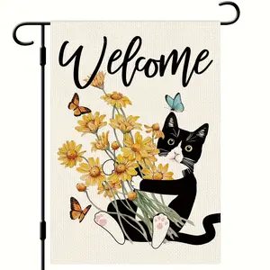 12x18 Inch Double Sided Vertical Spring&Summer Cat Garden Flag, Farmhouse Outdoor Decor, Floral Welcome Flag for Garden Use, Linen Material, No Flagpole