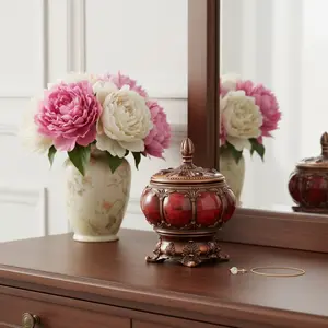 360 Stand Urn-Shape Marbleized Resin Jewelry Box - 9x9x12 in, Mid-Century Brown/Red/Bronze, Gemstone Trim, Lift-Off Lid, Ideal for Gifting & Home Organiser (Home Supplies Storage Bin), Decorative