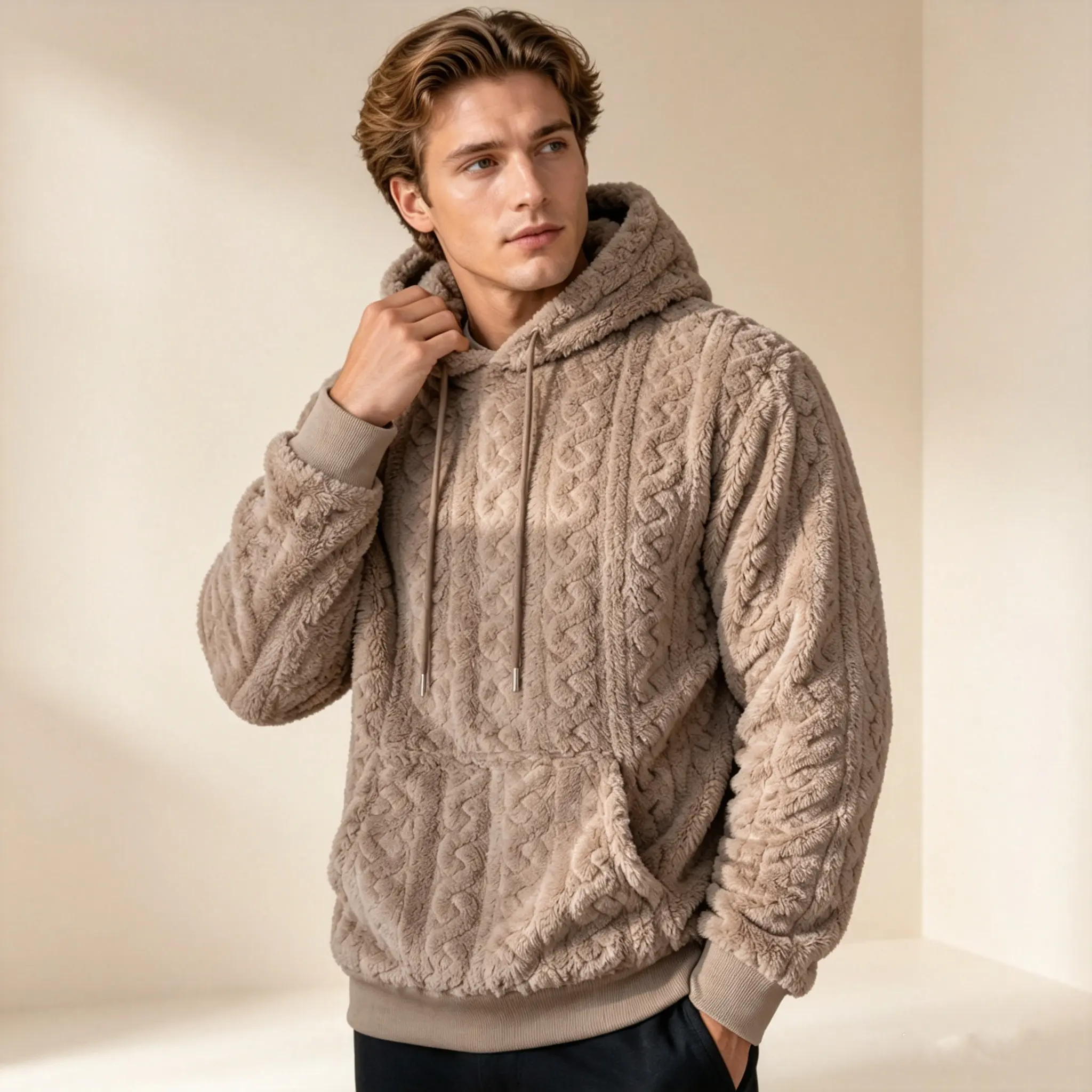 Men’s winter fleece hooded sweatshirt, trendy jacquard teddy velvet design, loose fit, large sizes available, long sleeves, polar fleece fabric, casual style, fleece sweatshirts, hoodie tops