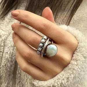 Elegant Layered Vintage Ring with Artificial Pearl Inlay - Unisex Accessory for Daily Wear and Parties