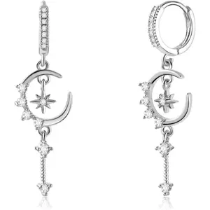 Star and Moon Dangle Huggie Earrings for Women, Cubic Zirconia Celestial Hoop Earrings, Gold Plated Space Jewelry