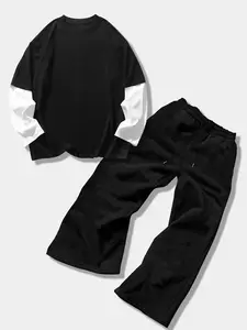 Men's Colorblock 2 in 1 Double Layer Long Sleeve Tee & Solid Drawstring Waist Sweatpants Two-Piece Set, Loose Street Fashion Casual Comfy Crew Neck Tee & Pocket Trousers for Daily Outdoor Wear, Men Clothes for All Seasons, Fall outfit