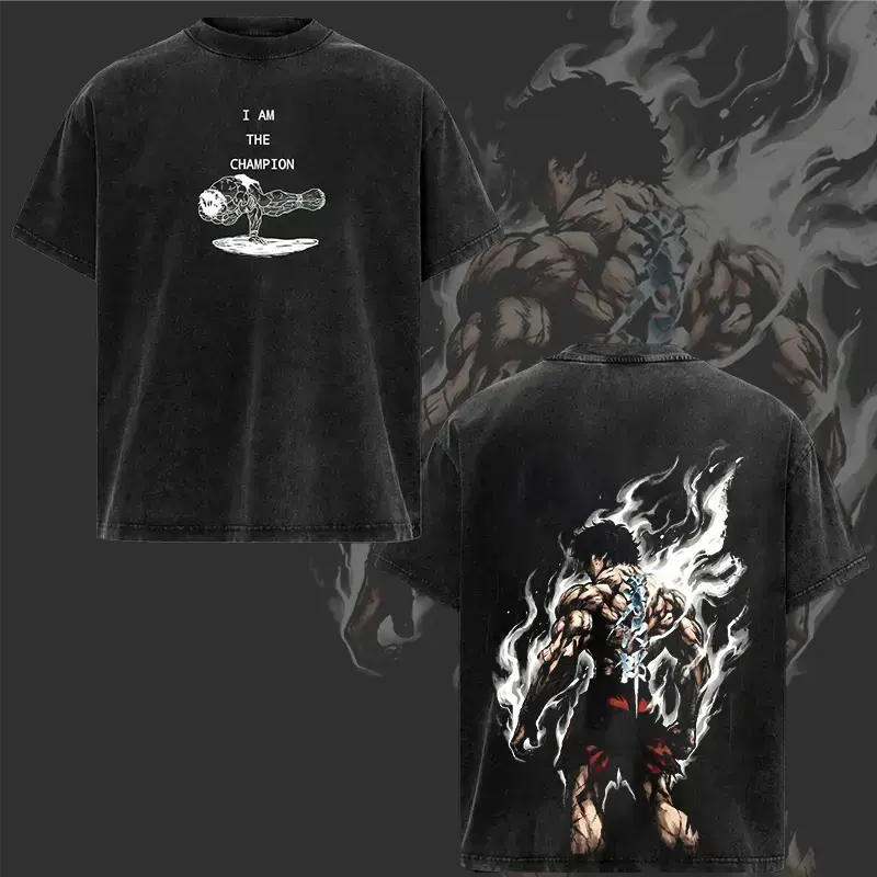 Men's Heavy Cotton T-Shirt - Vintage Washed Streetwear, Distressed Round Neck, Cute Anime Cartoon Back Graphic