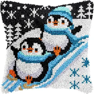 Skiing Penguins Christmas Latch Hook Kits for Adults Beginners, Cute Aniamls Winter Latch Hook Pillow Kit, Pre-Printed Latch Hook Rug Kits Cross-stitch Cushion for Home Sofa Decor Gift Idea17x17 in.