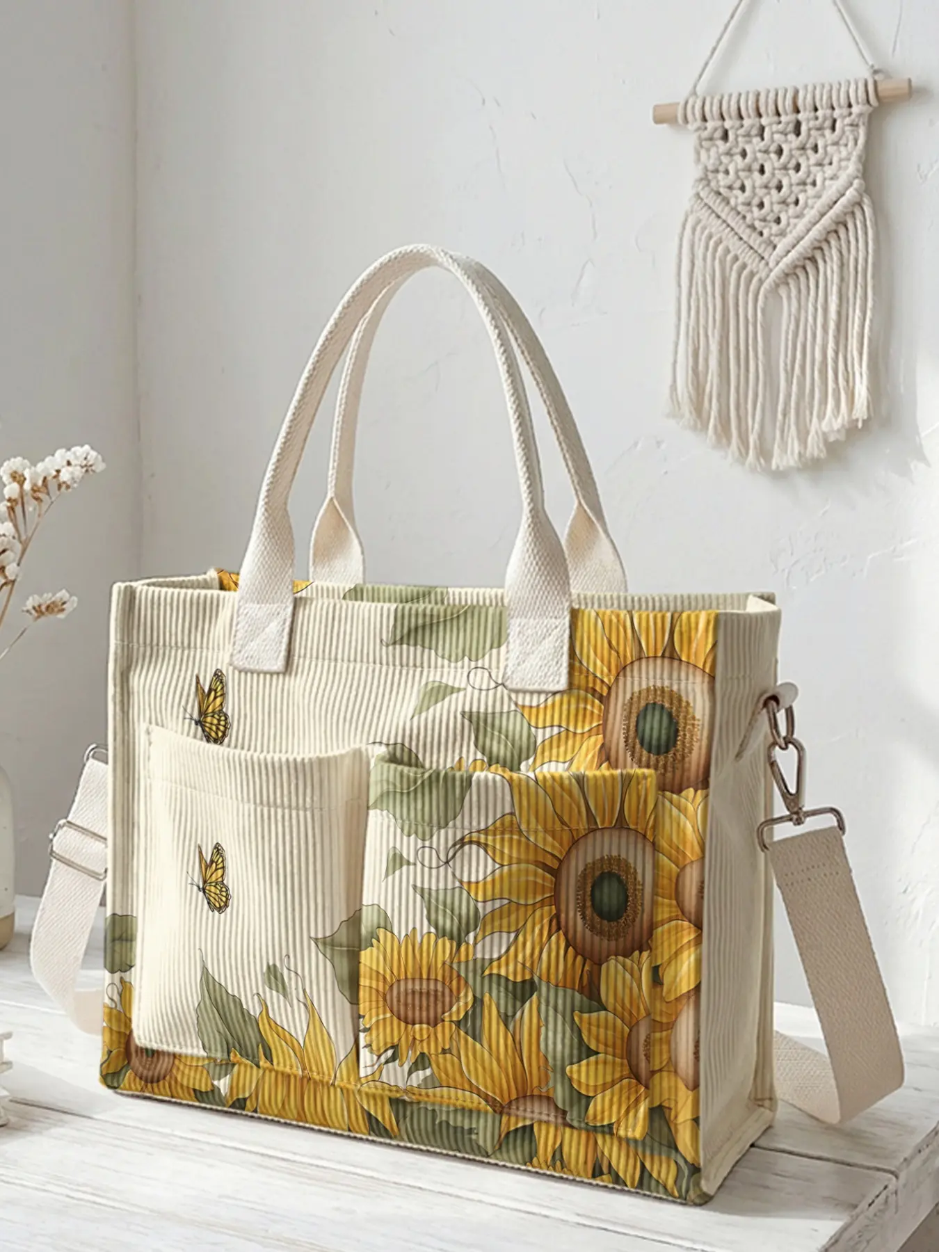 Sunflower Print Travel Bag, Patterned Bag, Fashionable Shopping Bag, Casual Shopping Bag, Summer Bags, Large Capacity Storage Bag, Durable Multi-Pocket Design, Ideal for Work, Shopping, Picnic, All Seasons