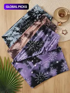 Plus Size 3-pack Tie-Dye & Galaxy Print Elastic Waist Sleep Pants, Casual Comfy Pajama Trousers for All Seasons, Women's Sleep Bottoms for Daily Home Wear Loungewear