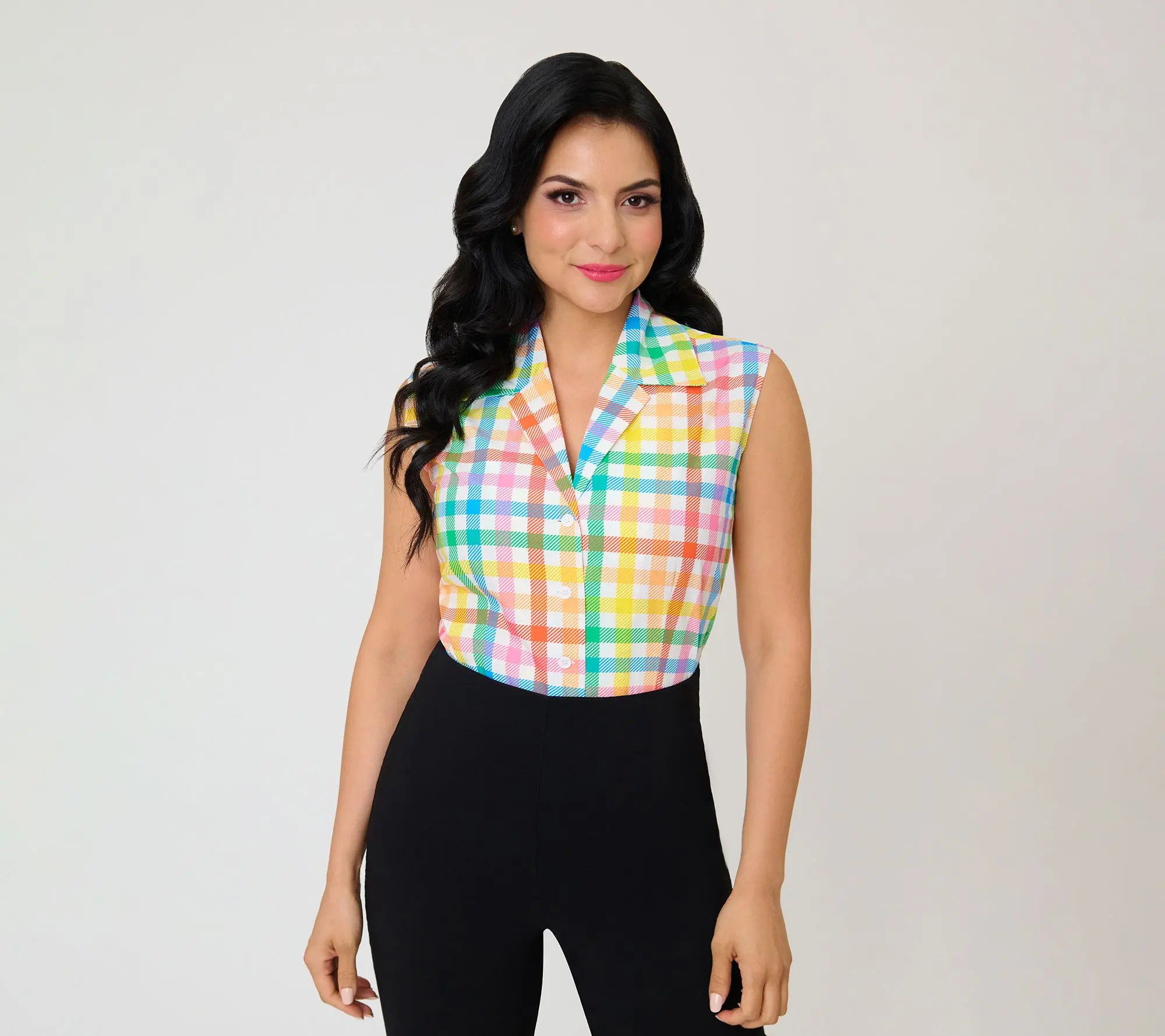 Unique Vintage Rainbow Gingham Notched Collar Cotton Blouse