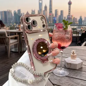 Glam Shiny iPhone Case with Built‑in Mirror & Stand for Women, HD Clear Luxury Protective Case, Compatible with iPhone 12‑17 Pro Max Plus phone 17 purple beautiful trendy item aesthetic gift creative design stylish lovely impact-resistant ultra slim