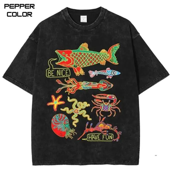 Neon Sea Creatures Graphic T-Shirt Retro Ocean Life Unisex Tee