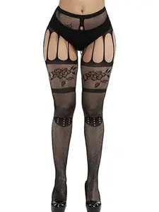 Womens High Waist Patterned Fishnet Tights Suspenders Pantyhose Thigh High Stockings Black
